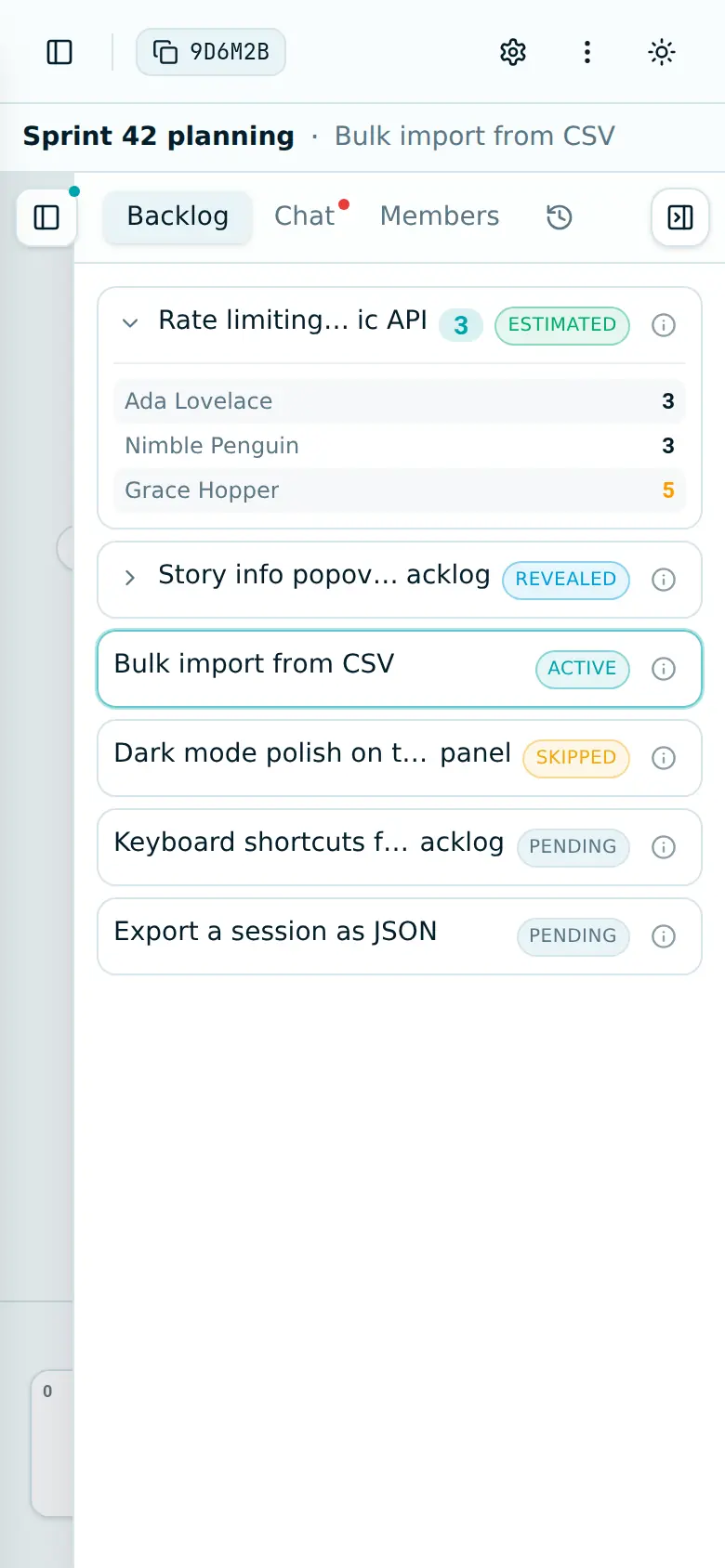 The backlog panel open on a phone, listing stories as estimated, revealed, active, skipped and pending, with one expanded to show who voted what.